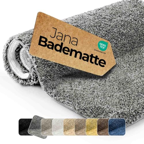 Badematte rutschfest Grau 50x80 cm - etérea Badteppich Hochflor Shaggy, 2200 g/m² extra flauschig & saugstark, waschbar 30°C, für Fußbodenheizung, Standard 100 by Oeko-TEX