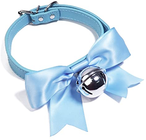 paloli Handmade Cosplay Choker Lolita Kitty Bell Collar with Strap Women Leather Choker Necklace (BLUE)