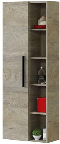 ARKITMOBEL - Columna de Baño Suspendida Grande con 1 Puerta y 7 Estantes, Armario Auxiliar para Baño, Color Roble Alaska, 135x51x25 cm - Modelo Athena