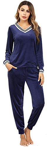 Irevial Dam velour hemmadräkt Nicki pyjamas lång vinter mjuk pyjamas kostym set tvådelad flanell träningsoverall topp och byxor med fickor, marinblå, XXL