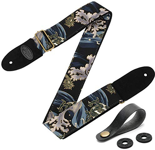 Dulphee Gitarrengurt mit 2 Gurtschlössern & Gurtknopf, Drachen-Gitarrengurt cool gestalteter Schultergurt mit Wildlederenden für Bass, Akustik- und E-Gitarre (Black Gold Dragon)