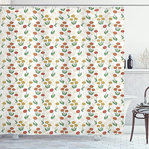 ABAKUHAUS Dahlie Duschvorhang, Garten-Blüten-Pfingstrose Schönheit, Stoffliches Gewebe Badezimmerdekorationsset mit Haken, 175 x 220 cm, Burnt Orange Senf