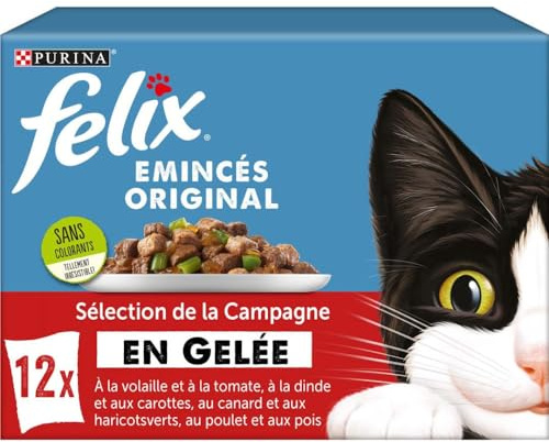 FELIX | Emincés Original | Chat Adulte | Selection de la Campagne en Gelée : A la Volaille, Dinde, Canard, Poulet | Aliment humide 100% complet et équilibré | Sachets Fraîcheurs | 12 x 85g