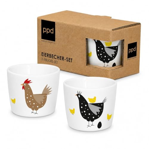 ReWu Eierbecher Ostern 2er Set Huhn & Küken, weiße Eierbecher mit charmantem Hühnermotiv, Eierhalter für Frühstückstisch & Osterbrunch, mit Geschenkkarton, Osterdeko Geschenkidee