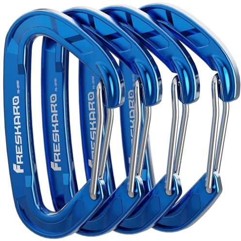 FresKaro Carabiner Clip, Wire Gate Caribeener Heavy Duty, Caribeaner Hook, Strong, Lightweight, 15kN 4Pack for Keychain, Key, Gym, Golf Bag, Dog Collar, Hammock, Outdoor Camping, Medium Size, Blue