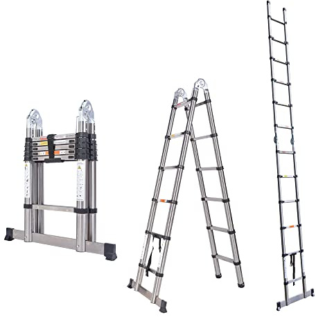 Escalera Telescópica - Acero Inoxidable - Escaleras Plegable Multiusos en A, Portátil Extension Telescópica de 3,8M - Ideal para Limpiar canalones, Decorar, Pintar Paredes (1,9m + 1,9m)