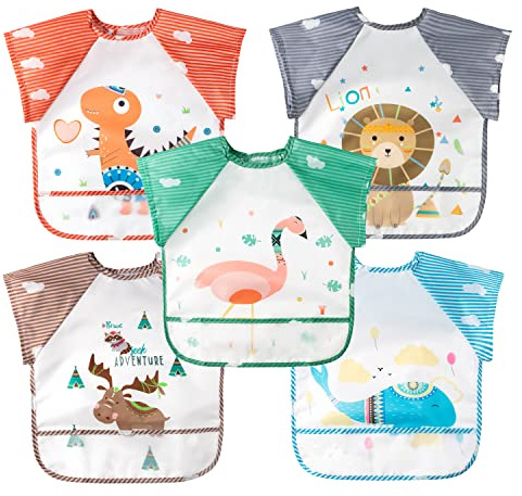 R HORSE 5Pcs Short Sleeved Bib for Baby Toddlers Waterproof Sleeved Infants Feeding Bib with Crumb Capacity Pocket Baby Shower Birthday Gifts for Boy Girl 0-36 Months