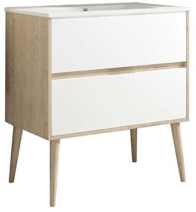 Kibath Mueble de Baño con Lavabo Noruega 70 cm 2 cajones suspendido (Patas Decorativas Incluidas) Acabado Roble y Blanco Mate Fabricado en Madera