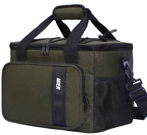MIER Large Lunch Bag with Shoulder Strap & Multiple Pockets, 15L,Dark Green | Cool Bag with Leakproof Interior, Insulated Cooler for Work, Picnic, Travel, Camping, Car Trip, Bungee Cord, Water Resistant