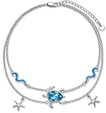 Flpruy Evil Eye/Schildkröte/Sonnenblume Fußkettchen 925er Sterling Silber, Fußkettchen Damen Doppelkette Fußkettchen, Geschenk für Muttertag Valentinstag