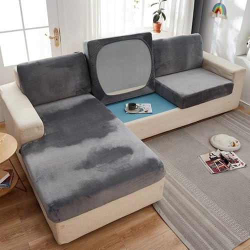 MINGPINHUIUS Weicher Samt Sofakissenbezug - Stretch Anti-Rutsch Sofabezug Couch Kissenbezüge für Sektionssofa L-Form, Sofakissen Schonbezug Möbelschutz (Grau, Großer Doppelsitzbezug)