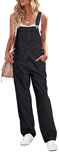 Roskiky Salopette da Donna Jeans Loose Fit Denim Bib Baggy Overall Gamba Dritta Larga Stretch Jean Pantaloni alla Moda, Nero , XXL