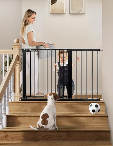 COMOMY 75-117cm Türschutzgitter Ohne Bohren, Treppenschutzgitter Auto Close mit Grün/Rotem Schild, Kindersicherung Tür, Türgitter für Hund/Katze, 90° Stop, mit Y-Spindel (76cm Hoch, Schwarz)