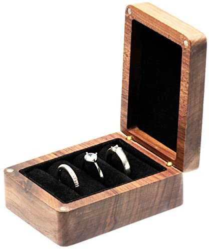 COSISO Scatola per anelli in legno di noce, 3 scomparti, per cerimonia nuziale, fidanzamento, compleanno, in legno massello, per donne e uomini (interno nero)