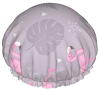 Duschhaube und Badekappe mit rosa Flamingo-Muster (2) für Damen, wendbare, übergroße, wasserdichte Duschhauben, groß, für alle Haarlängen, elastische, wiederverwendbare Bade-Haarkappe