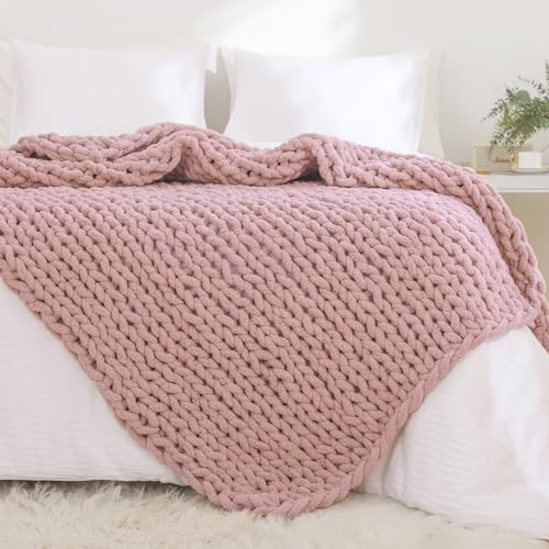 YAAPSU, Coperta in ciniglia lavorata a maglia grossa, 129,5 x 160 cm, per divano e letto, morbida coperta a maglia grossa, coperta spessa intrecciata all'uncinetto, con grandi nodi in corda (rosa