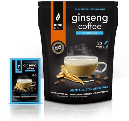 King Cup - 1 Confezione da 20 Bustine Solubili di Ginseng da Zuccherare, 20 Stick da 12 Gr Ideali per creare una Bevanda al Gusto Ginseng Amaro, Da Mescolare in Acqua Calda, Senza Glutine e Lattosio