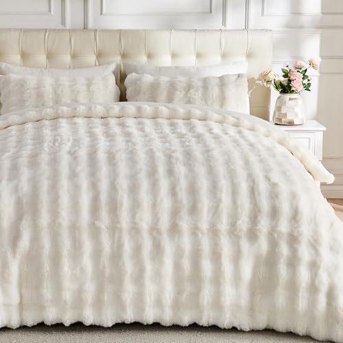 Lotus Karen Fluffy Comforter Cover Set-Rabbit Fluff Faux Fur Duvet Cover Full Size,Cream White Plush Fuzzy Furry Bedding Sets 3Pieces(1 Duvet Cover & 2 Pillow Shams),Zipper Closure