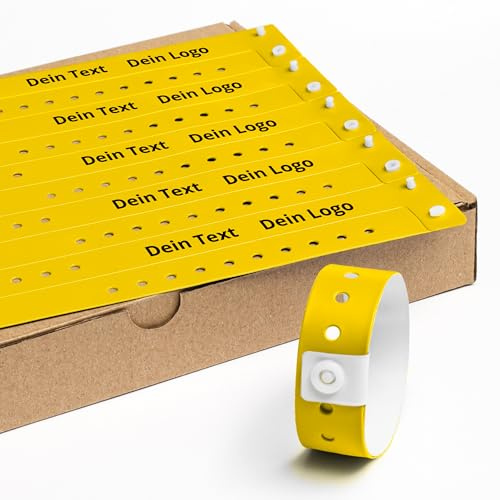 Personalisierbar Einlassbänder Vinyl 100 Stück - 19x255 mm Gelb | Events und Party Eintrittsbänder mit Personalisierten Text/Logo - Wasserdicht Festival Armbänder - Club Bänder