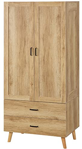 HOMCOM 2 Door Wardrobe with 2 Drawers and Hanging Rail for Bedroom
