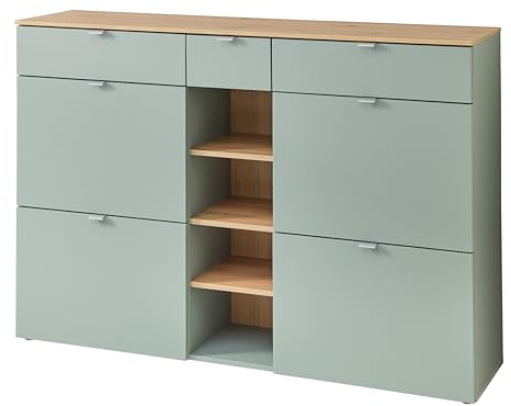 BARI Schuhschrank Schuhregal in Schilfgrün und Artisan Eiche Optik | 148 x 103 x 38 cm (B/H/T), 3 Schubkästen, 4 Klappen, 4 offene Fächer, 9 Fachböden, Metallgriffe, viel Stauraum