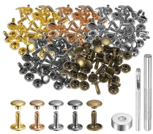 HARFINGTON 100 Sets Leather Rivets 9mm x 10mm Metal Double Cap Rivet Snaps Studs Fasteners with 3pcs Setting Tools Rivets for Leather Craft DIY Repair Decoration, Multi Colors