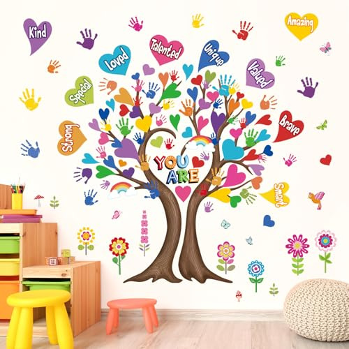 wondever Large Hearts Tree Handprint Wall Stickers Classroom Tree Inspirational Quotes You are Strong Peel and Stick Wall Art Decals for Kids Room Elementary School Teacher Classroom