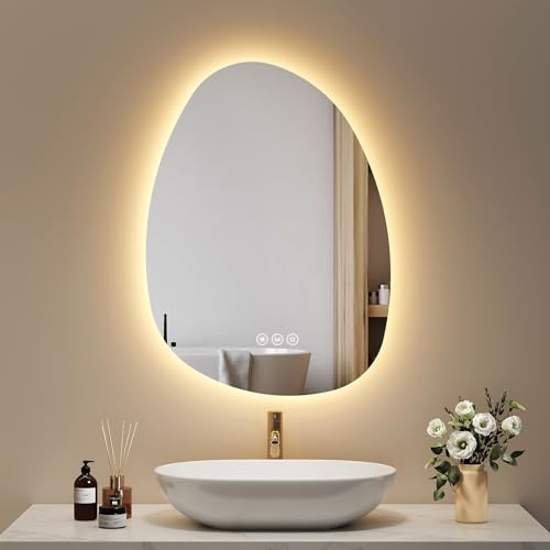 EMKE Asymmetrischer Spiegel mit LED-Beleuchtung 75 x 55 cm, 3 Lichtfarben | Badezimmerspiegel mit Touchschalter, Dimmbar, Anti-Beschlag-Funktion, IP44 Schutz, elegante Wandmontage