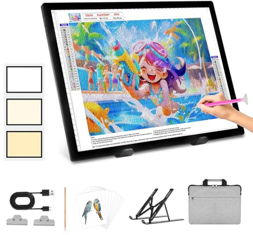 LUXJOYFUL Leuchttisch A3 mit Ständer & Tasche, Diamond Painting Lichtplatte A3 Wiederaufladbarer Lichtkasten Ultra-dünne Leuchtpad für Diamantmalerei/Skizzieren/Vinyl Unkraut/Kalligraphie/Entwurf