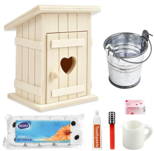 Puppenhaus Zubehör Set - 7 PCS Wichtel, Badezimmer, 1:12 Miniatur Toilettenartikel, Toilettenhäuschen, Toilettenpapier und Eimer