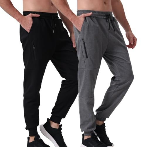 Hpbygstae 2-Pack Männer Jogging Bottoms mit Reißverschluss, Slim Fit Hosen mit Taschen, Elastischer Bund, Männer Laufhose, Sweatpants, Dark Grey-L