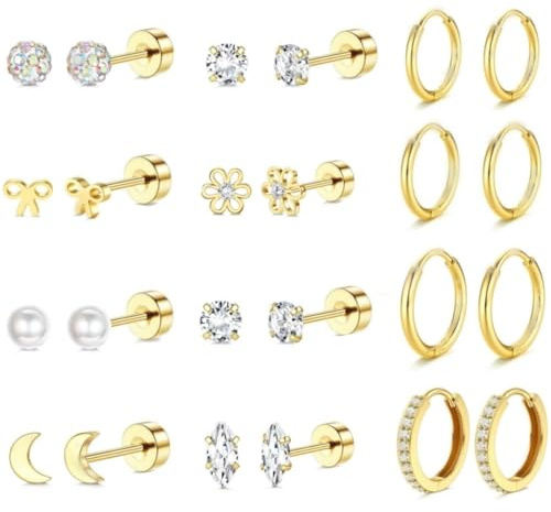 LYLYMIMI Small Hypoallergenic Flat Back Stud Earrings for Women Men 14K Gold Plated Surgical Stainless Steel Earring Sets Tiny Screw Back Cartilage Earring
