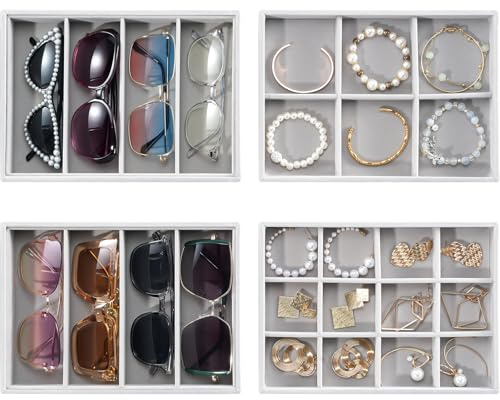 ProCase Schmucktablett Organizer mit 2 Schmuckschalen + 2 Sunglasses Organizer, Stapelbar Schmuck Schublade Organizer, Schmuckaufbewahrung für Ohrringe Ringe Sonnenbrillen –Grau