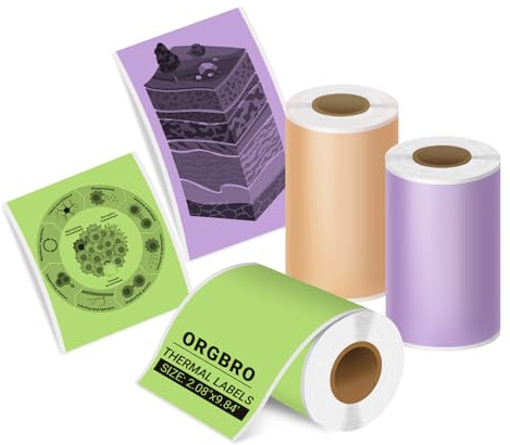ORGBRO X3 Étiquettes Autocollantes, Thermiques Personnalisées Etiquettes | 57 mm x 3 m, pour Imprimante X3, Ruban d'étiquettes Continues pour Notes d'étude, Photo, 3 Rouleaux, Vert/Violet/Orange