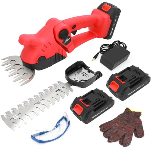 Cordless Grass Shear & Hedge Trimmer 2-in-1, Lightweight 21V Electric Shrub Cutter - 1260RPM, 2×2500mAh Batteries & Charger - Garden & Lawn Maintenance Tool (Red)