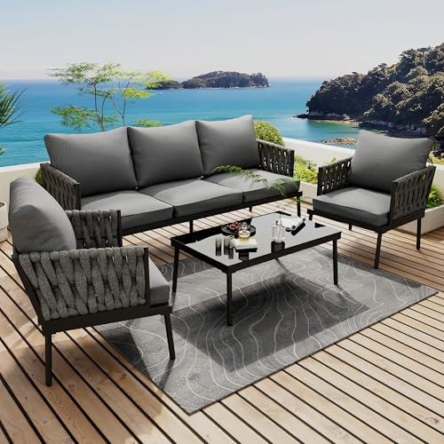 Merax 5 Sitze Garten Loungesessel Set – Outdoor Gartenmöbel Set mit 3-Sitzer Sofa, 2 Sesseln & Couchtisch – Wetterfestes Lounge-Set mit Glastischplatte – Grau