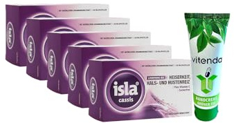 isla® Cassis Pastiglie – 5 x 120 pezzi inclusa una crema per le mani di Vitenda, sapore fruttato, ribes, senza zucchero, per problemi di gola e di voce