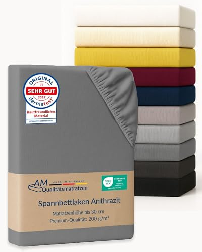 AM Qualitätsmatratzen Premium Spannbettlaken 140x200cm Baumwolle (200gsm) in Anthrazit - Made in Germany - Oeko TEX zertifiziertes Bettlaken 140x200 Baumwolle - Jersey Spannbetttuch - Fitted Sheets
