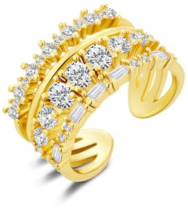 Zirconia Gold Rings for Women, 14K Gold Plated Stackable Rings Set Adjustable Gold Open Ring with Cubic Zirconia CZ Diamond Wedding Anniversary Engagement Rromise Ring for Women Lady Jewelry Gifts