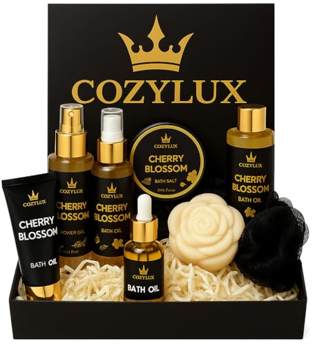 Cozylux Cherry Bossom Spa Gift - Gift Set for Women, 8 Piece Shower Gift - Bubble Bath ,Shower Gel, Soap, Hand&Body Cream & Mist, Bath Mist, Bath Salt & Sponge Perfect for Special Occasions