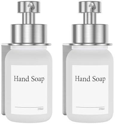 Confezione da 2 dispenser di sapone in vetro con montaggio a parete, autoadesivo, dispenser a pompa in acciaio inox per sapone liquido, senza fori, 250 ml (gelo/argento)
