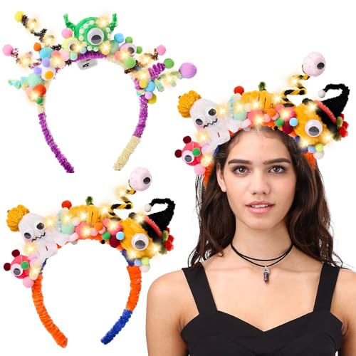 Halloween Haarreif Kinder Bastelset, 178 Stück Halloween Stirnband Pfeifenreiniger, Kinder DIY Handgemacht Halloweendeko, Haarreif Leuchtend LED, Lustiger Monster Kopfschmuck Haarreifdeko (A)