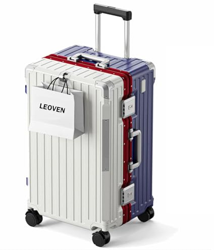LEOVEN Hardside Luggage, LS-8119 PC Hard Shell Suitcase with Cup Holder, USB, Type-C, 3:7 Ratio, Large Capacity, Aluminium Frame, TSA Customs Lock, 360° Double Wheels with Brake and Shock Absorber