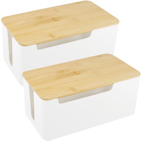 MAHIONG 2PCS Cable Management Box, Plastic Cord Organizer Box with Bamboo Lid, Cable Tidy Box for Desk Office Home Use, 31.2x14.2x13cm