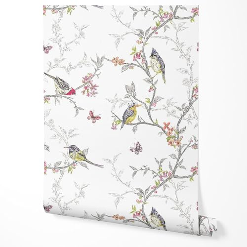 GP TONER Vliestapete Vögel Blumen Zweige Vintage Tapete Natur Muster Wohnzimmer Schlafzimmer Flur Küche Romantische Wanddeko UV-beständige Tapete 5m x 0,5m