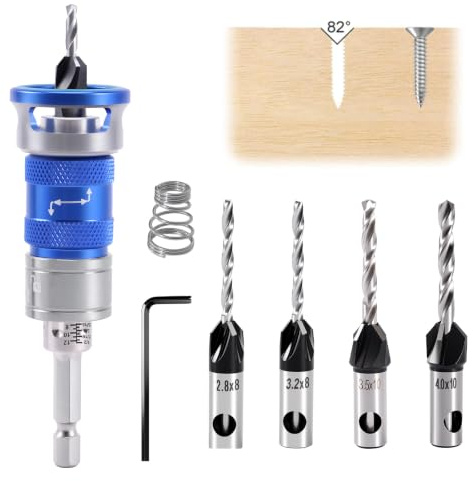 Brocas Avellanadoras, Taladro Avellanador, Fresa para Madera, Broca de Fresada con Tope de Profundidad Ajustable de Aluminio con Varilla Hexagonal de 1/6 Cabeza