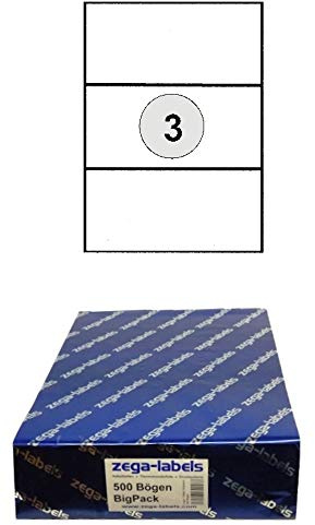 1.500 Etiketten 210 x 99 mm selbstklebend auf DIN A4 Bögen (1x3 Etiketten) - 500 Blatt Bigpack - Universell für Laser/Inkjet/Kopierer einsetzbar
