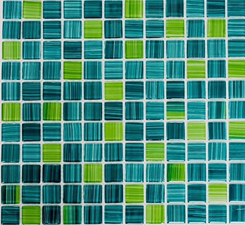 Mosaik, kvadrat, kristall, randig, grön, glasmosaik, genomskinlig 3D, kakelspegel, mosaiksten, format: 25 x 25 x 4 mm, bågstorlek: 327 x 302 mm, 10 ark