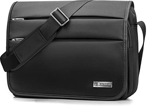 SPAHER Bolsa Mensajero para Hombre Maletin 14 Pulgadas Impermeable Porta Portatil Bandolera de Hombro de Trabajo Oficina de Negocios, Negro