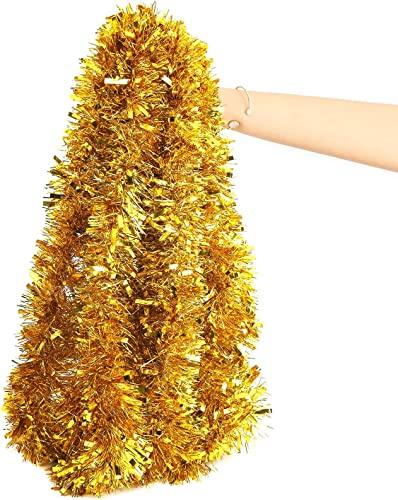 FINGOOO Gold Garland Christmas Decorations,33Ft/10M Thick Fluffy Christmas Tree Tinsel Garland Wedding Birthday Decor